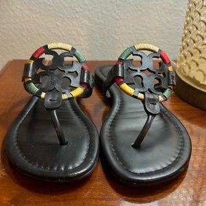 Miller sandals by Tory Burch.  Sz 7. Black with green, red, yellow, and gold.